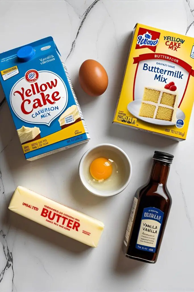 A flat lay of ingredients used for box cake mix hacks, including a cake mix box, buttermilk, eggs, butter, and vanilla extract.