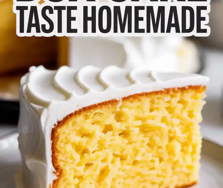 A delicious slice of cake made with box cake mix hacks, with a text overlay that reads "5 Secrets to Make Box Cake Taste Homemade".