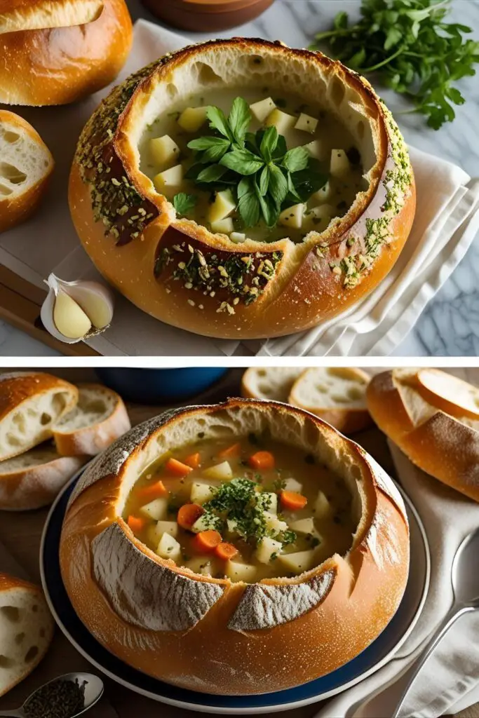 Close-up of bread bowl filled with creamy soup.