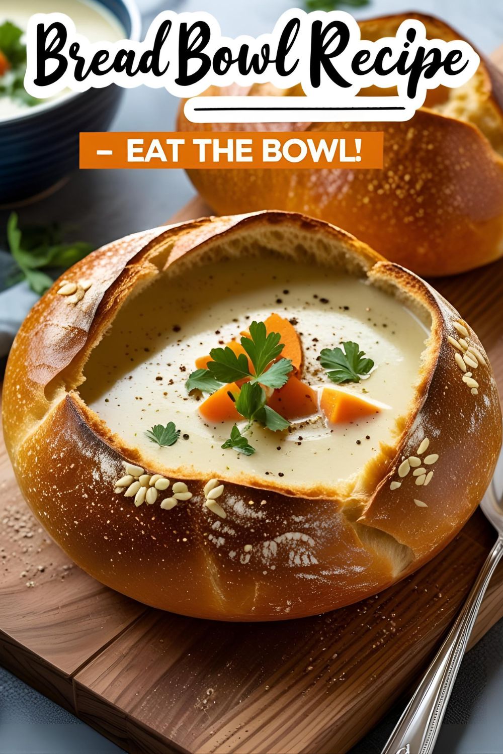 Soup-filled bread bowl with crispy crust on wooden board.