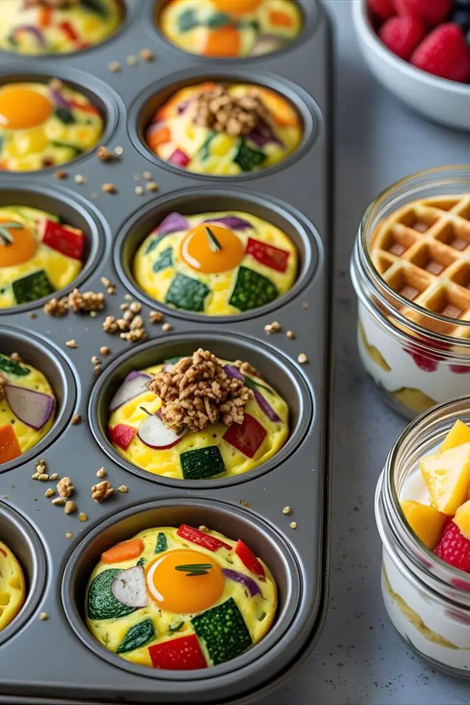  Buffet table display with waffles, parfait jars, fruit, frittatas, and salmon bagels