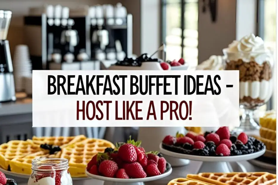 Breakfast buffet table with waffles, parfait jars, frittatas, fruit, and bagels