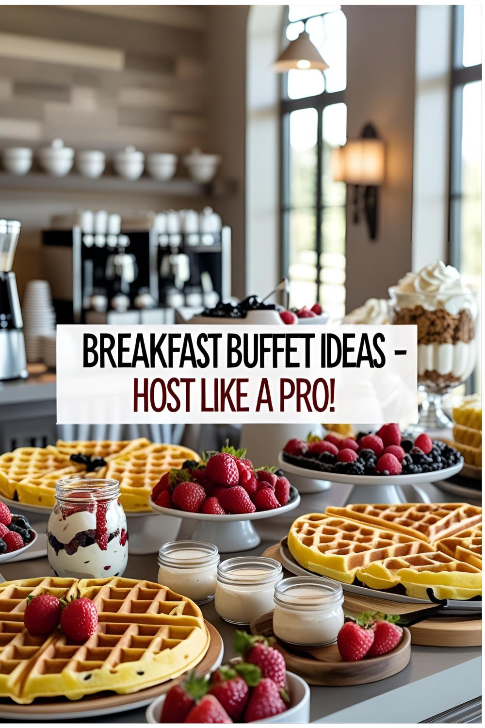 Breakfast buffet table with waffles, parfait jars, frittatas, fruit, and bagels