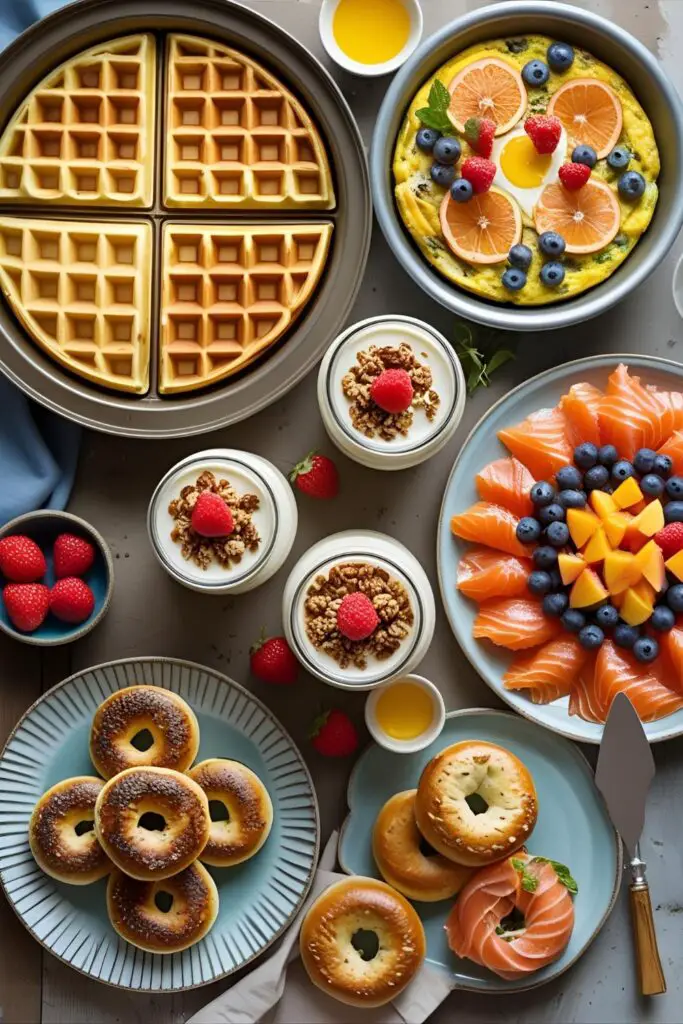 Close-up of smoked salmon bagels and mini frittatas with fruit platter in background