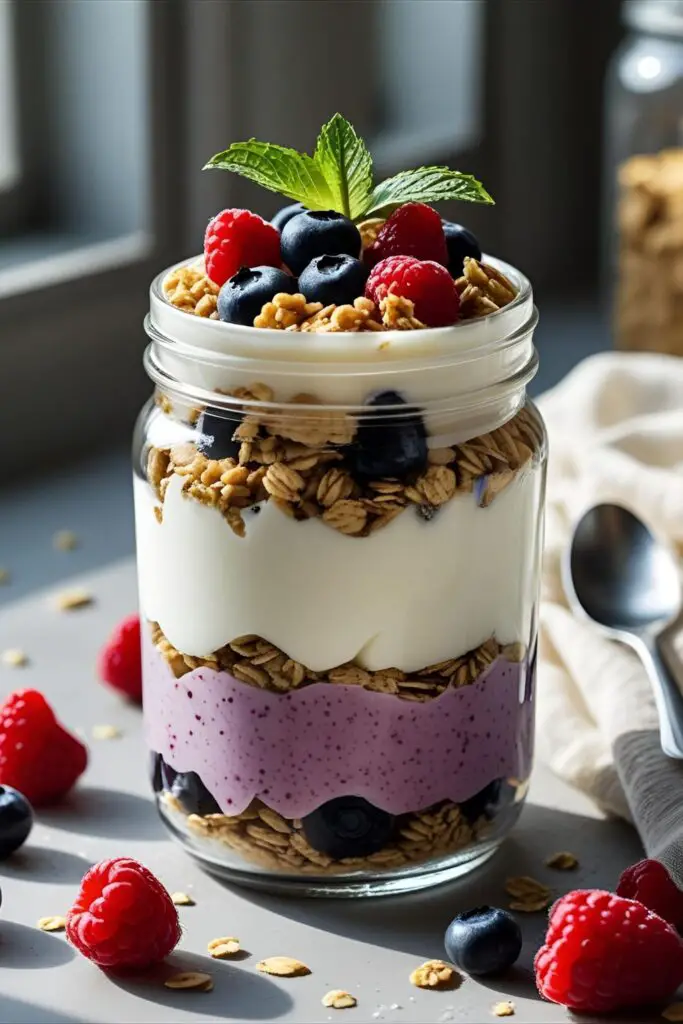  Close-up of layered yogurt and fruit parfait in glass jar with vibrant berries