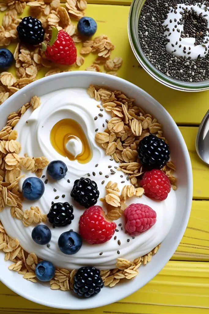 Parfait jar topped with berries and granola against bright background