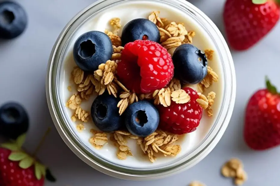 Clear jar showing layered yogurt, granola and berries topped with mint