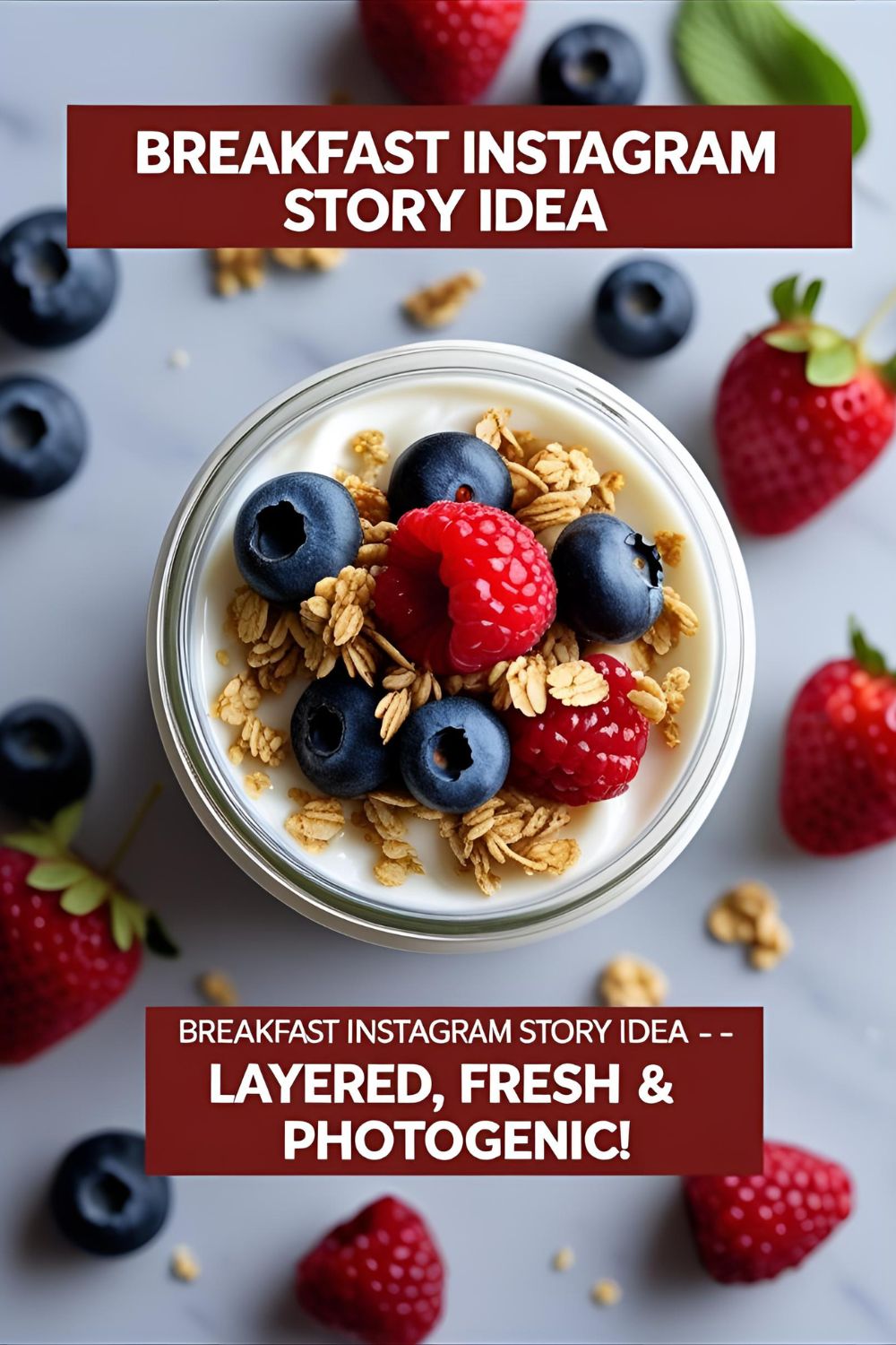 Clear jar showing layered yogurt, granola and berries topped with mint