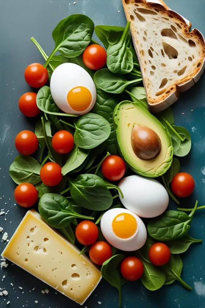 Close-up of cheesy veggie omelet on toast with tomato and spinach