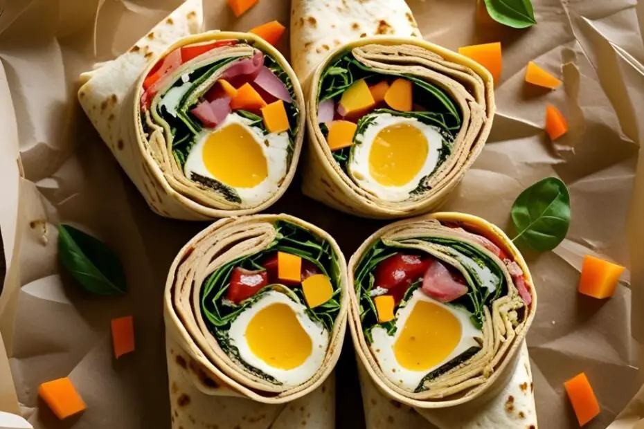 Sliced breakfast wrap with melted cheese, eggs, turkey, and avocado held in foil ready for busy morning