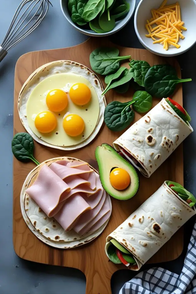 Golden toasted breakfast wrap cut in half showing fillings, alongside coffee cup on a table
