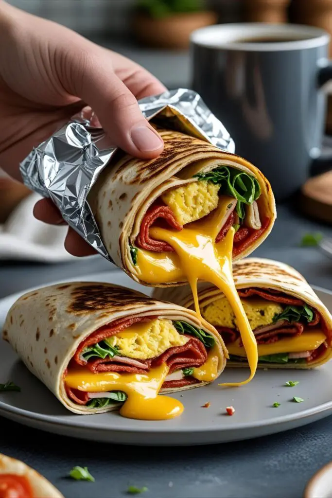 Close-up of toasted egg and avocado breakfast wrap sliced at an angle showing cheesy interior