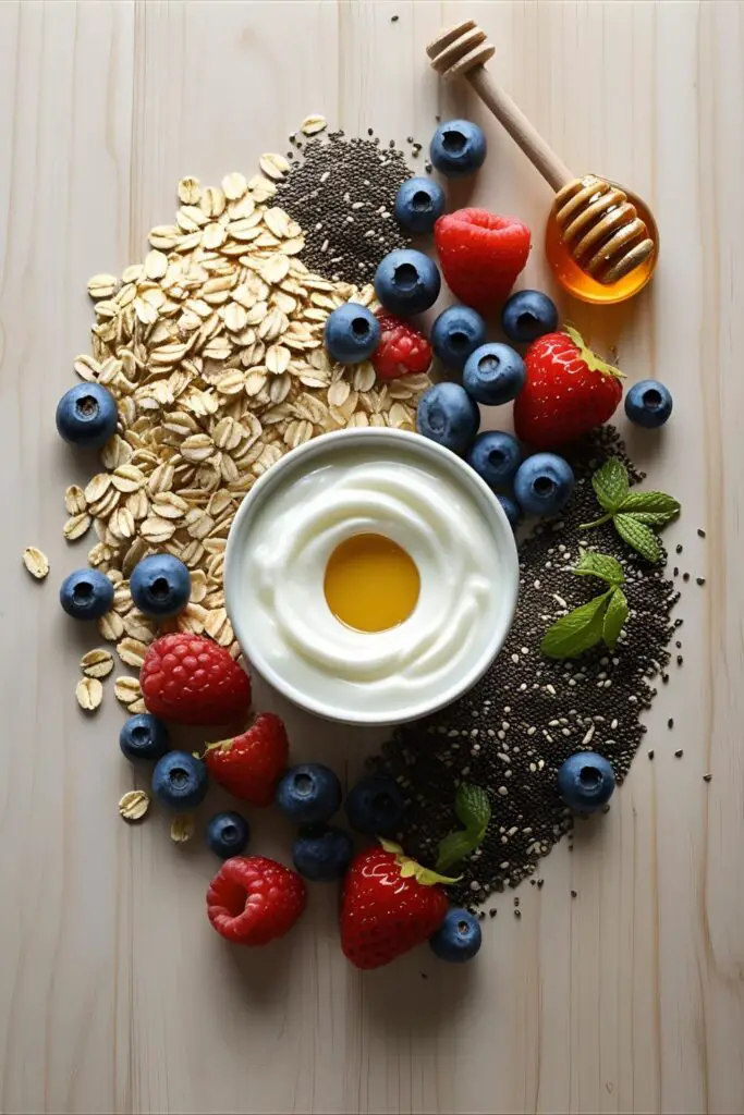 Glass jar with Greek yogurt, oats, and berries parfait