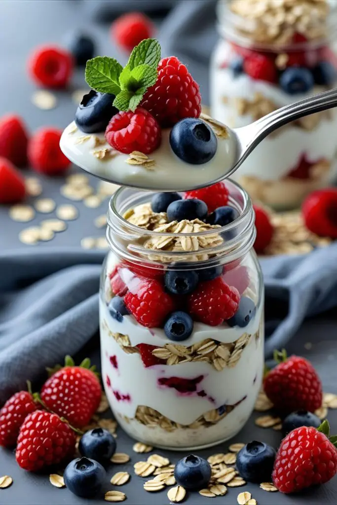 Close‑up of yogurt bowl with berries, oats, and chia seeds