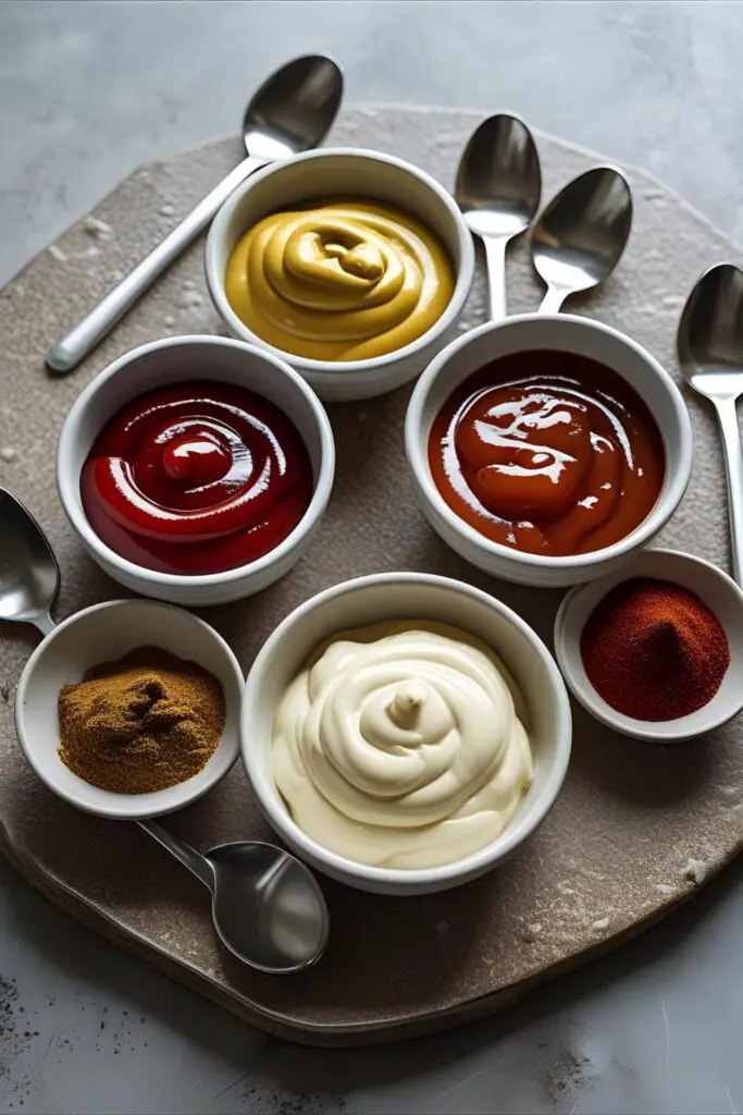 Small bowl of burger sauce surrounded by ingredients on a board