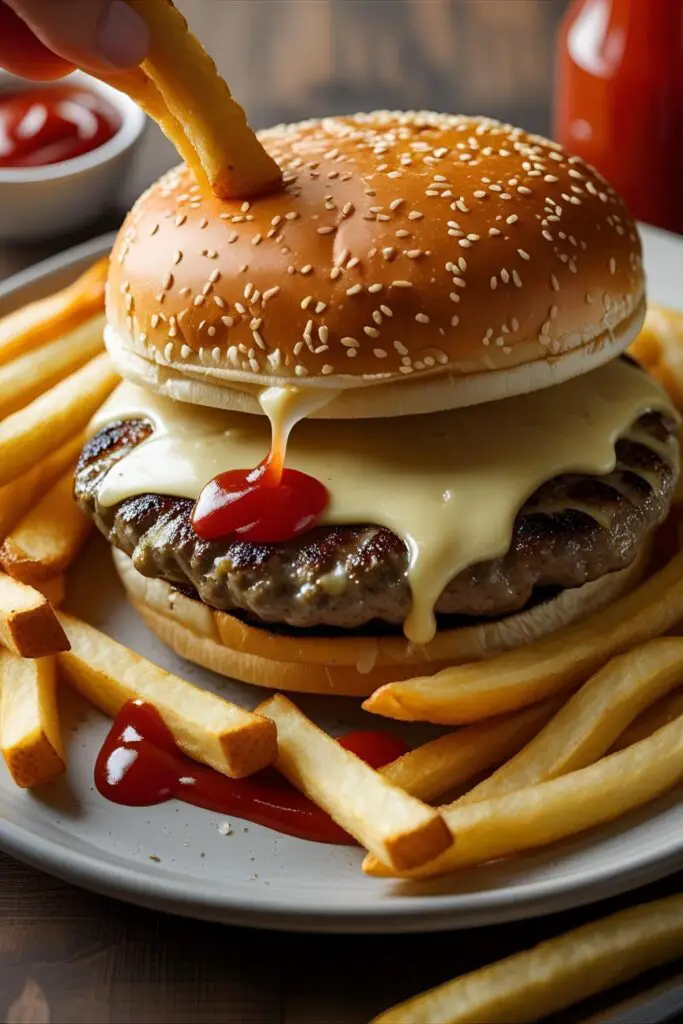 Burger with cheese slice and side of oven fries on a wooden board