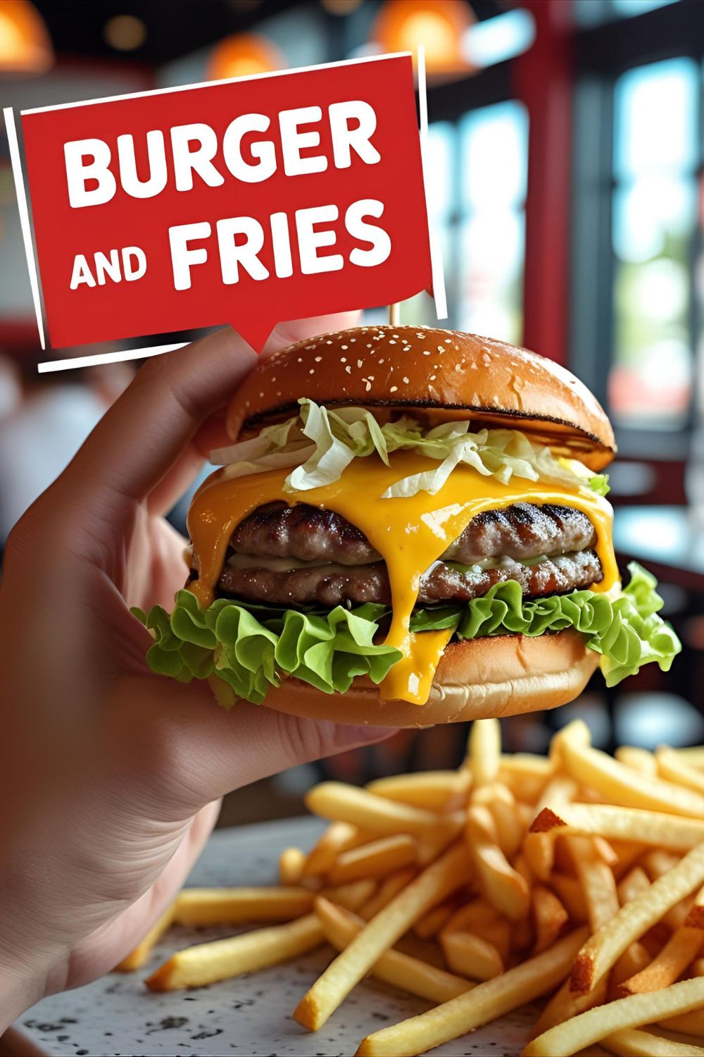 Cheesy burger and golden fries on a plate with ketchup on the side