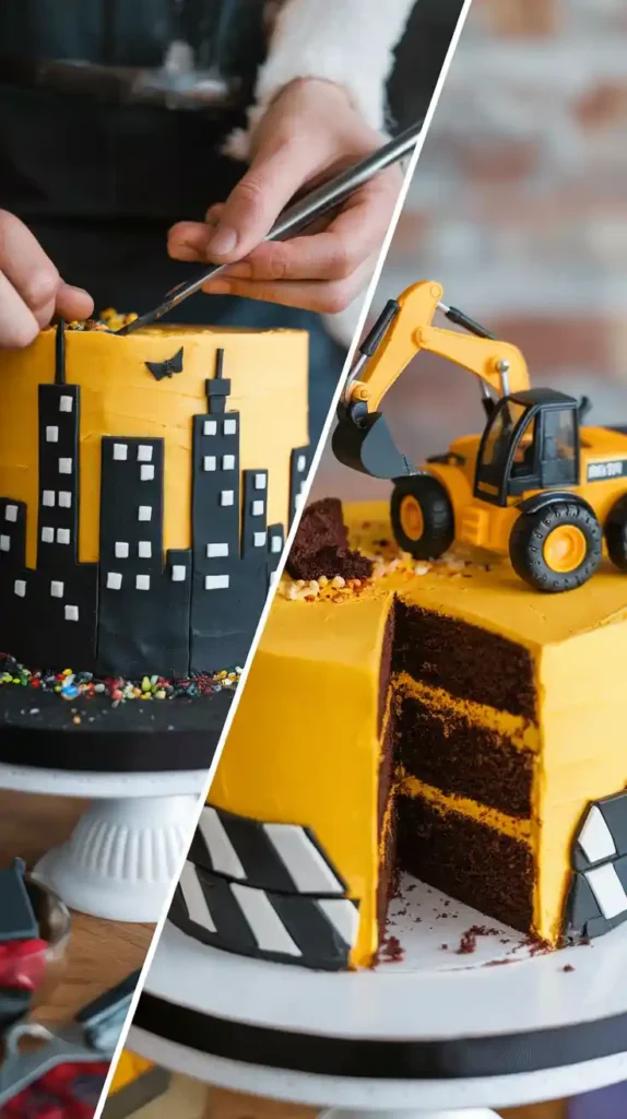 A collage of decorating supplies for a boy's birthday cake, including chocolate frosting, crushed cookies, and toys.