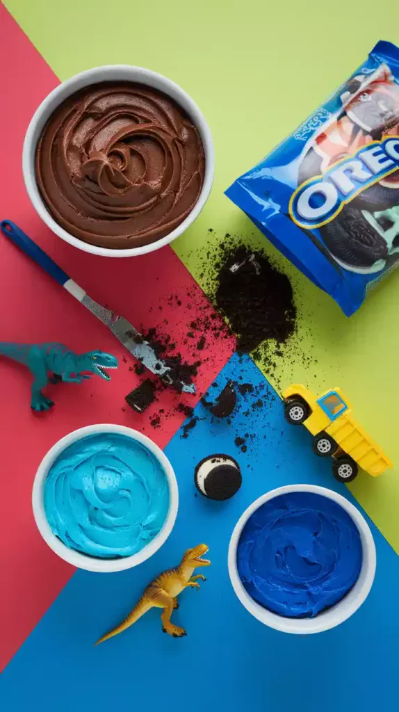 A collage of decorating supplies for a boy's birthday cake, including chocolate frosting, crushed cookies, and toys.