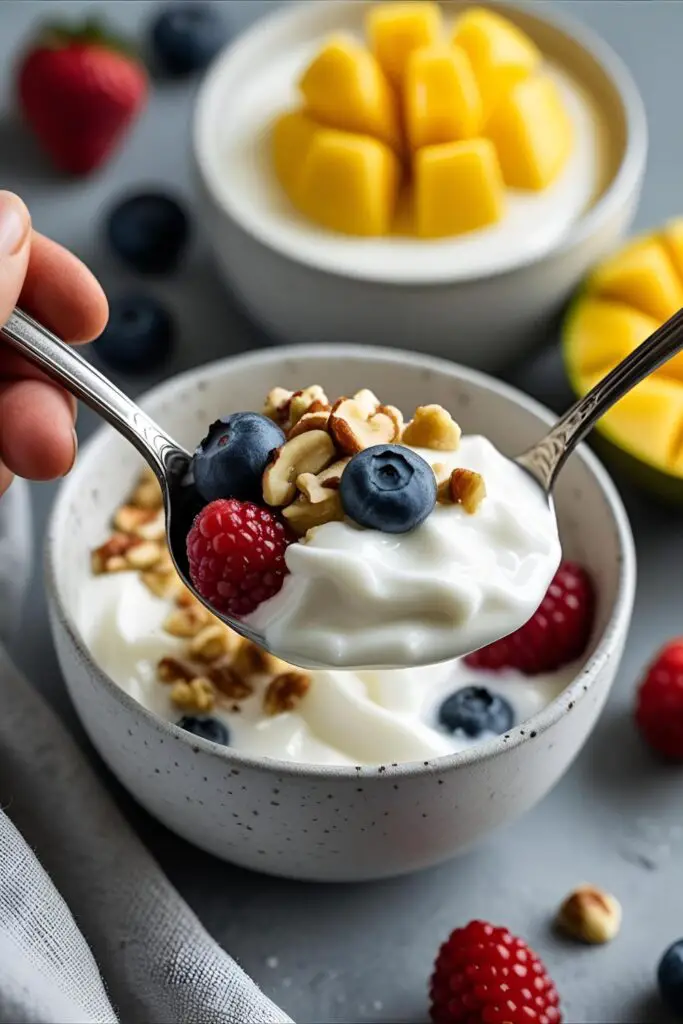 Top-down aesthetic shot of a yogurt bowl with vibrant toppings