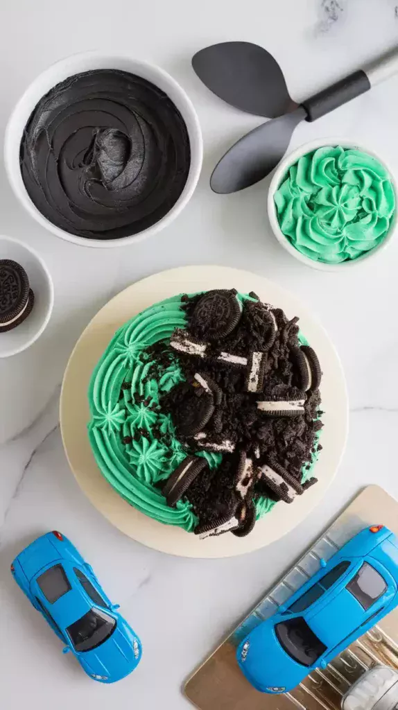 A flat-lay photo of supplies for a car theme cake, including black and green frosting, crushed Oreo cookies, and new toy cars.