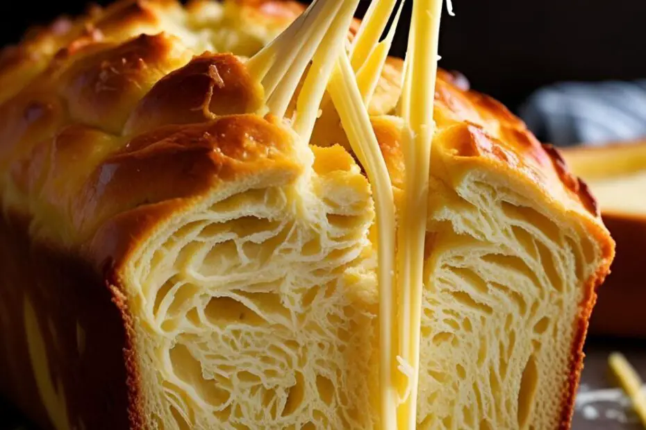 Golden cheese bread loaf with melted cheese strands.