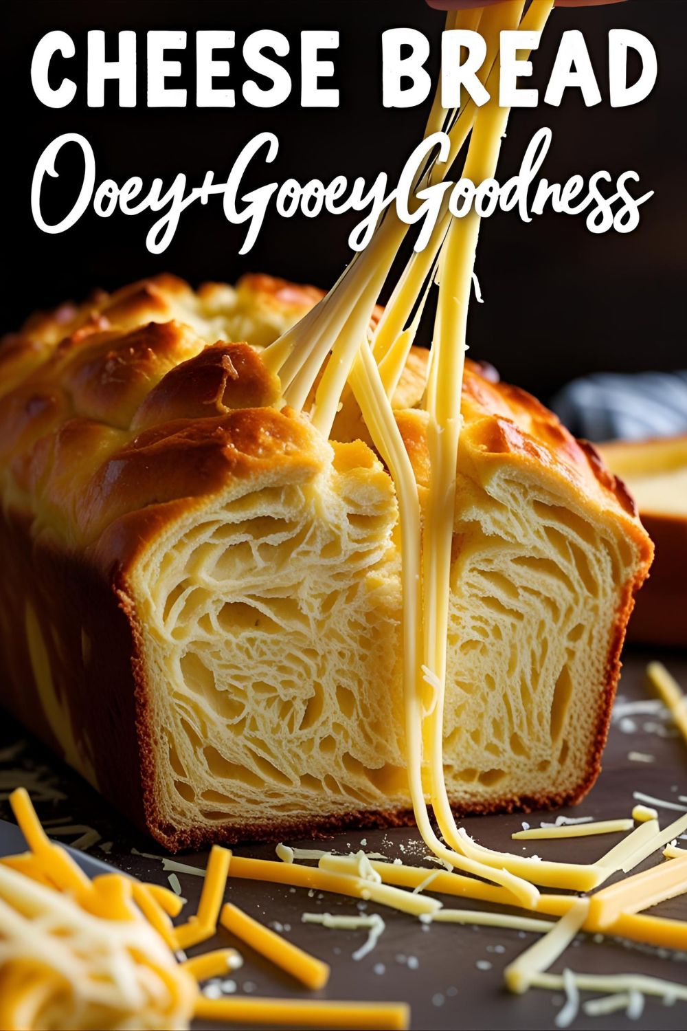 Golden cheese bread loaf with melted cheese strands.