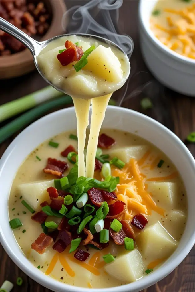 Creamy cheeseburger soup with bacon bits and cheese garnish in bowl