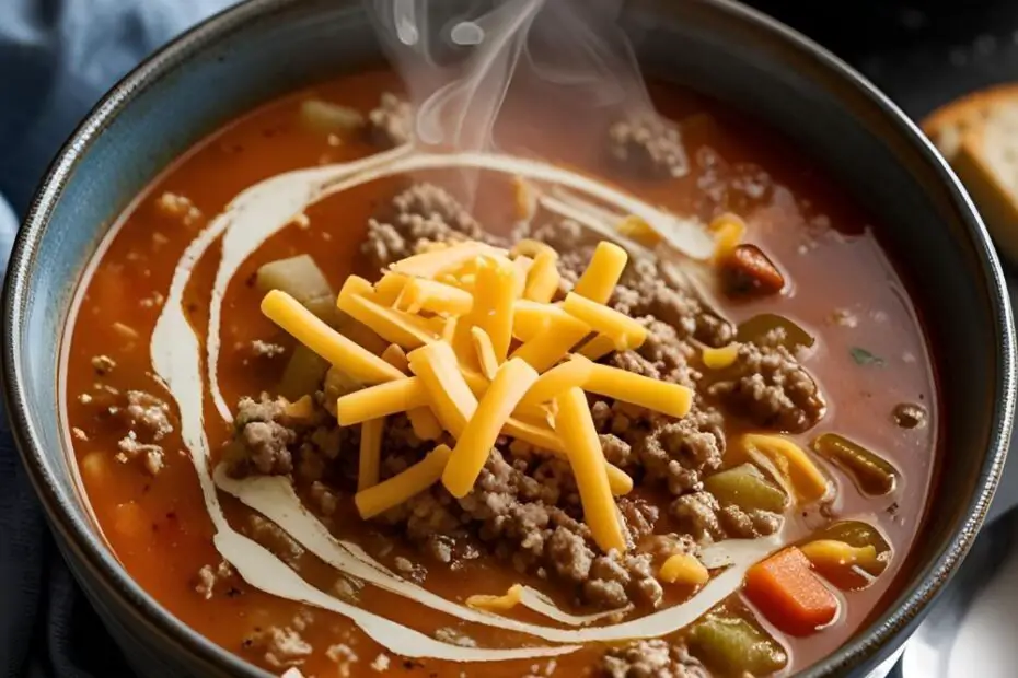 Creamy cheeseburger soup in a bowl topped with cheese and bacon bits