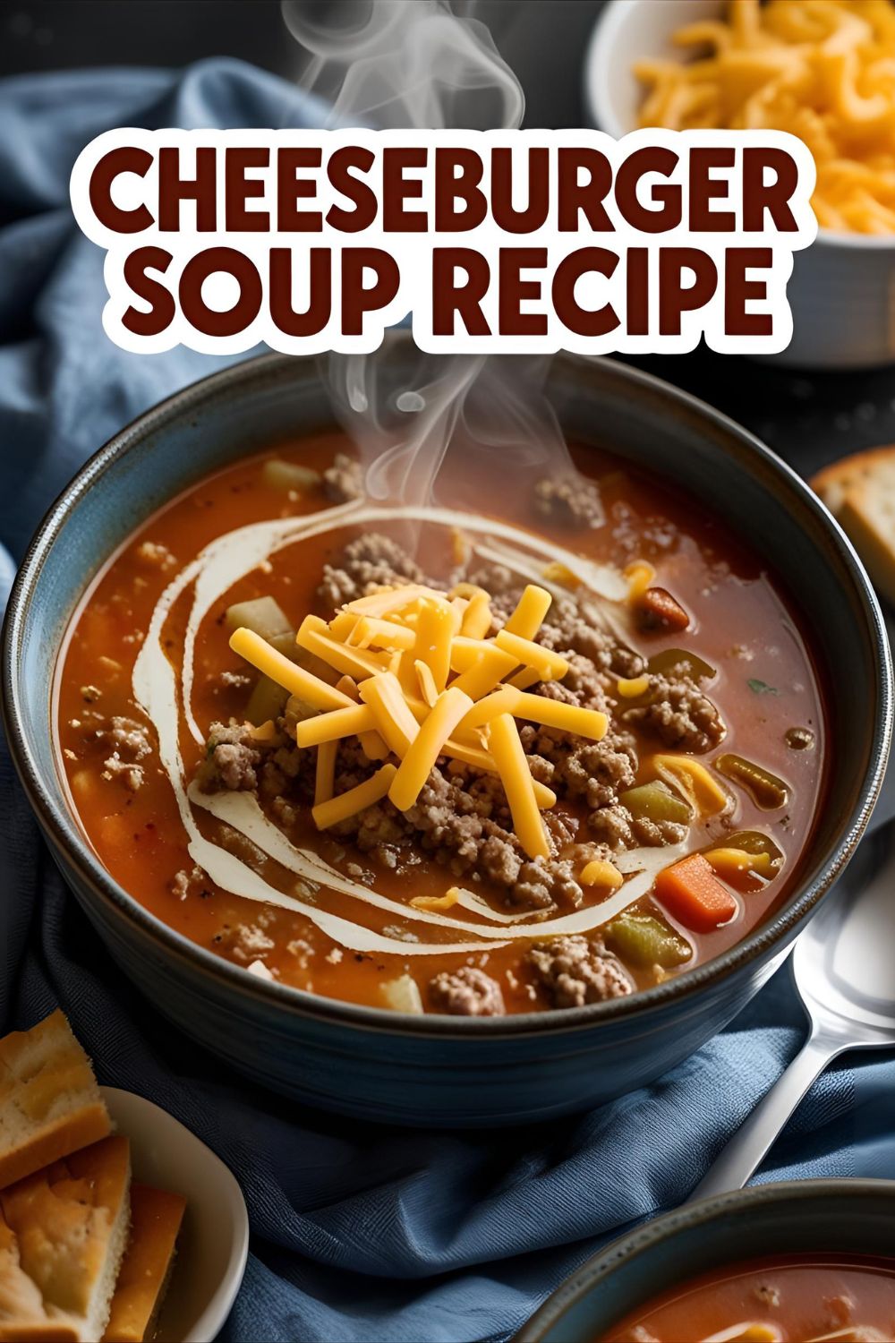 Creamy cheeseburger soup in a bowl topped with cheese and bacon bits