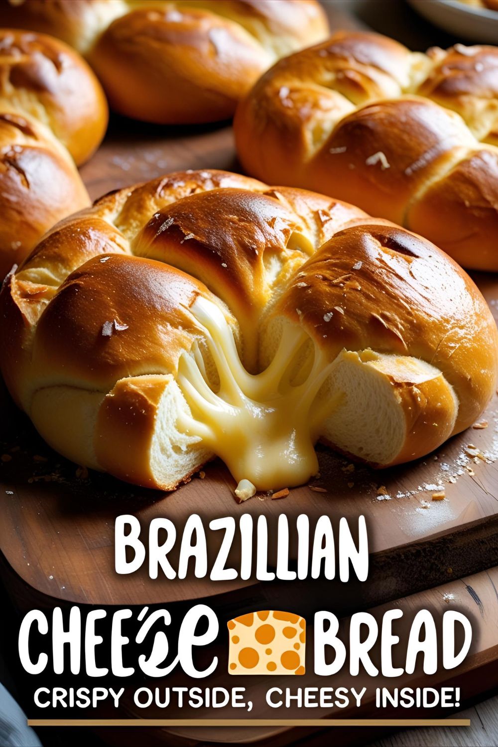 Golden Brazilian cheese bread stacked in a rustic basket, gooey and ready to devour.