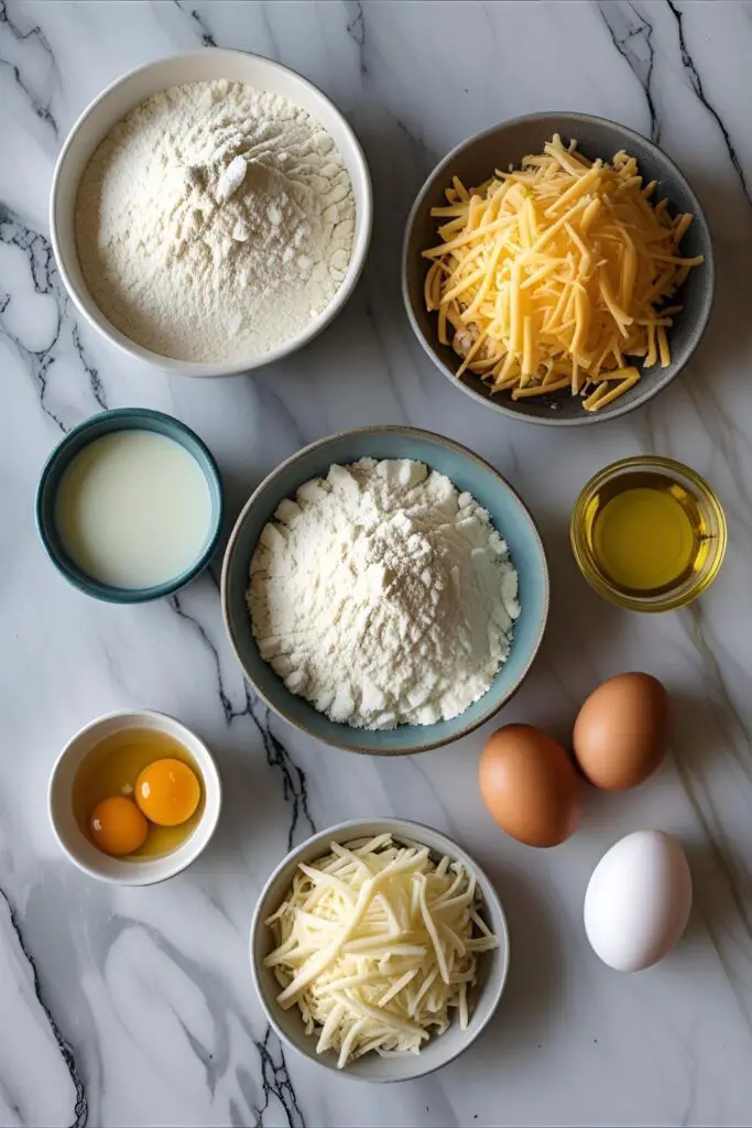 Pão de Queijo arranged on a cutting board with melted cheese pulling apart mid-bite.