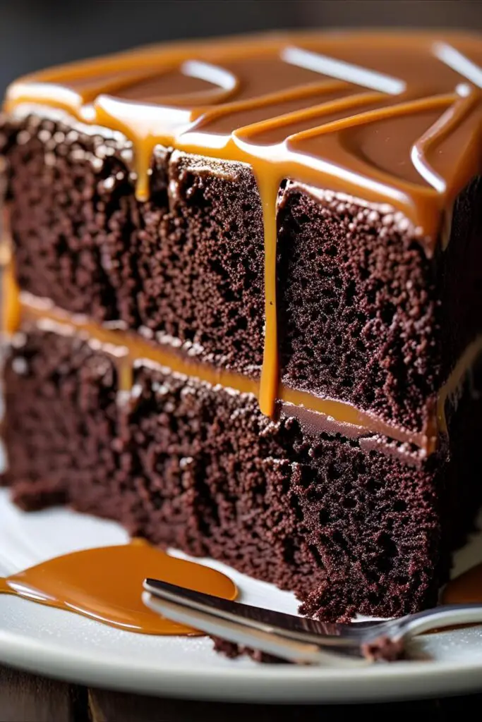 Close-up of caramel buttercream swirl and gold drip on birthday cake