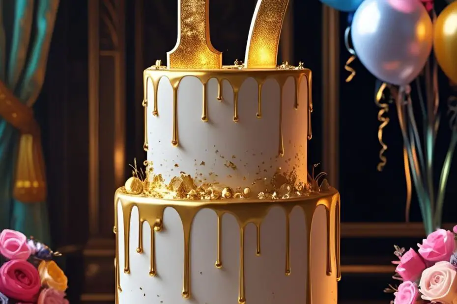 Elegant 17th birthday cake with gold drip and caramel buttercream roses