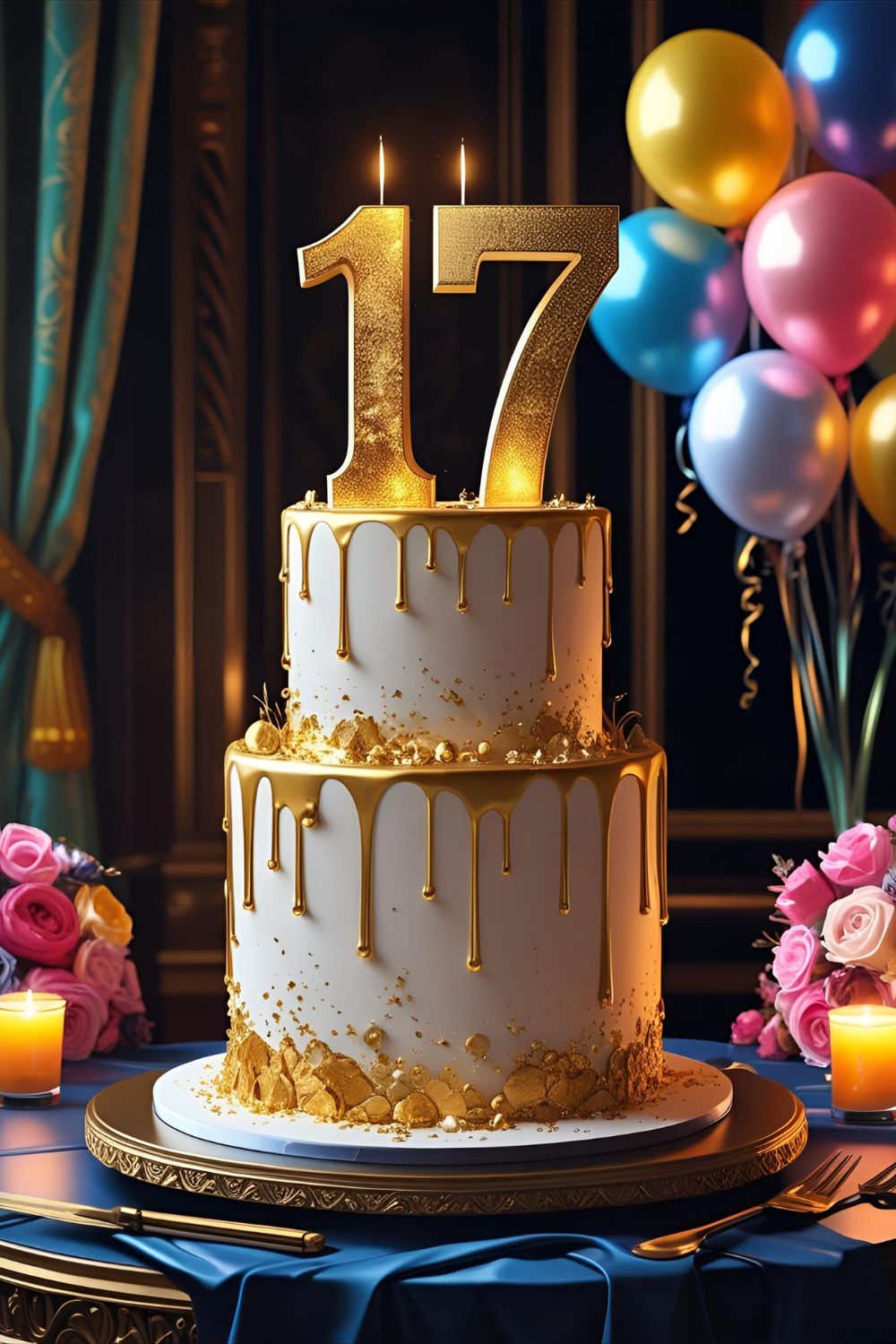 Elegant 17th birthday cake with gold drip and caramel buttercream roses