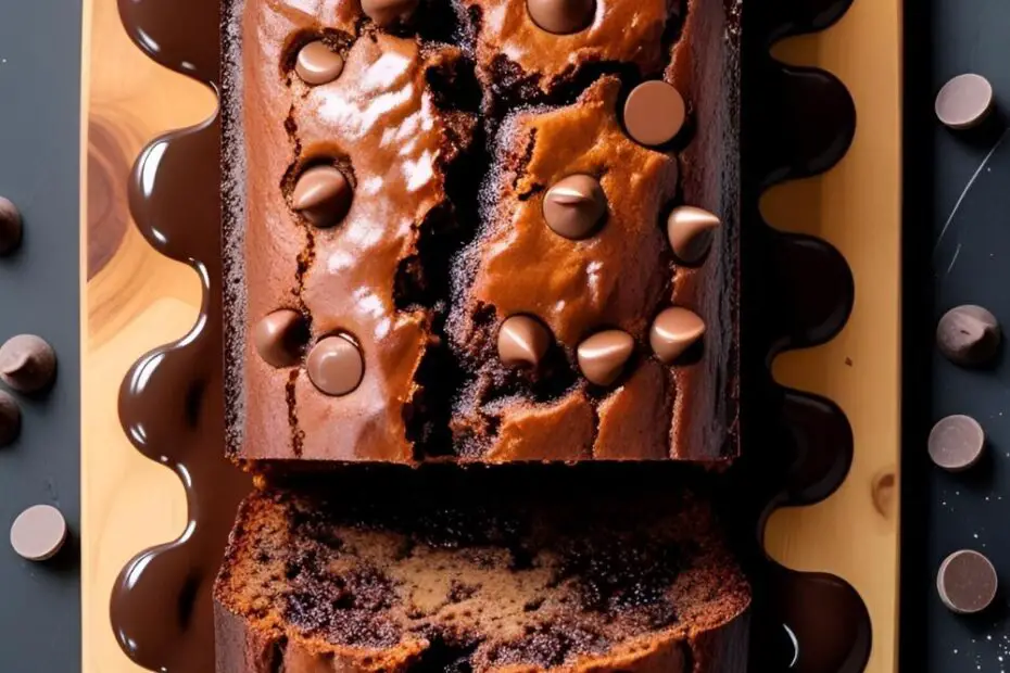 Slice of chocolate banana bread with gooey chips on wooden board