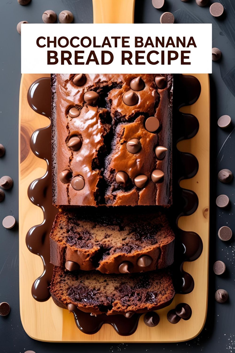 Slice of chocolate banana bread with gooey chips on wooden board