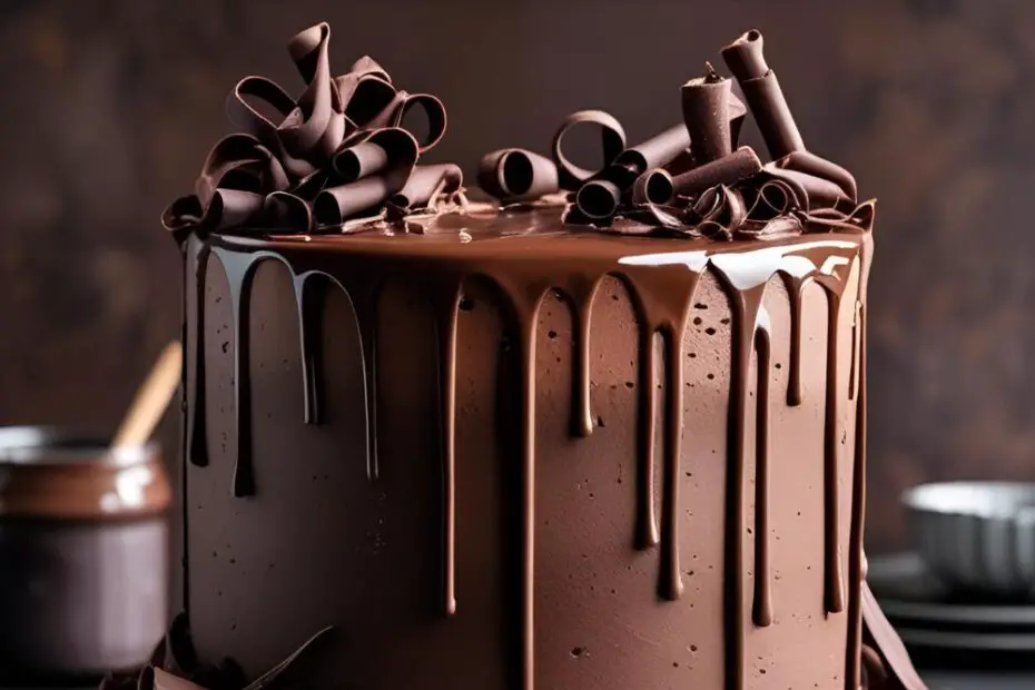 Chocolate cake with glossy ganache drips, buttercream rosettes, and chocolate curls