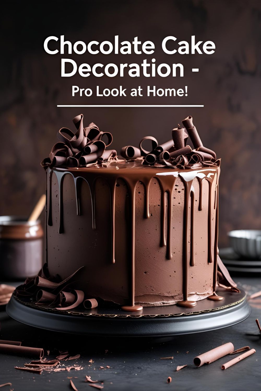 Chocolate cake with glossy ganache drips, buttercream rosettes, and chocolate curls