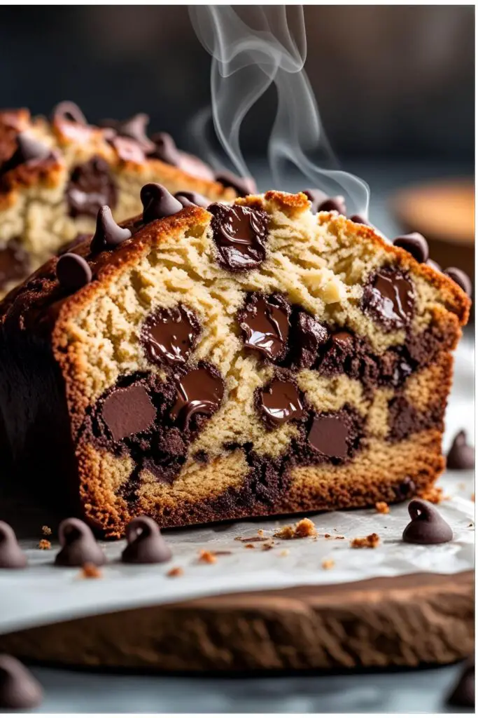 Close‑up of chocolate chip banana bread slice showing melted chips and crumb