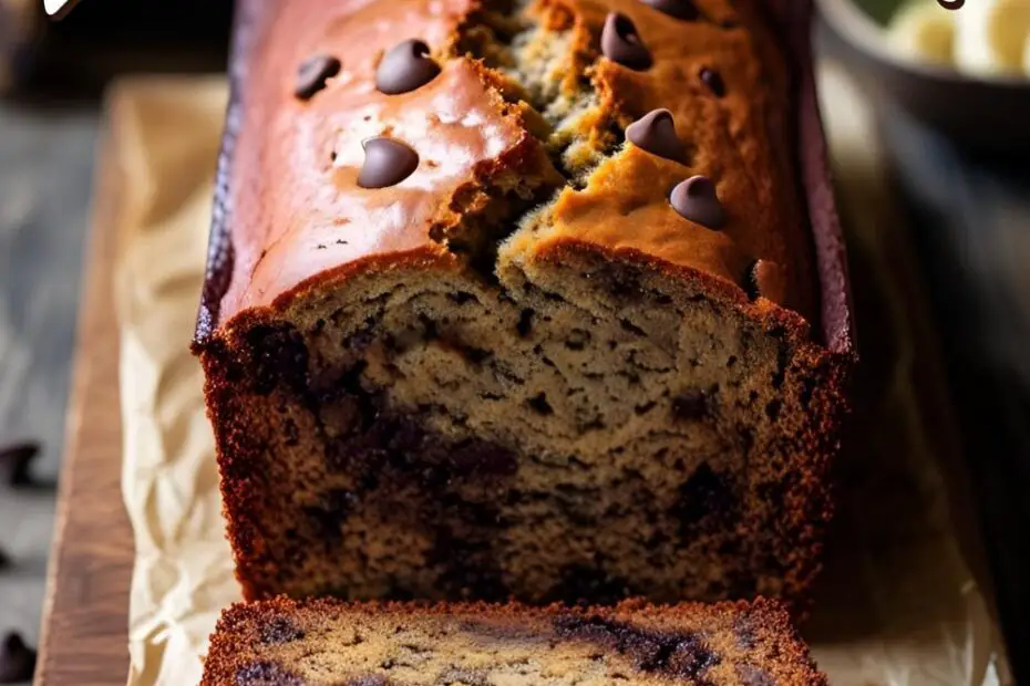 Slice of chocolate chip banana bread with gooey chips on wooden board