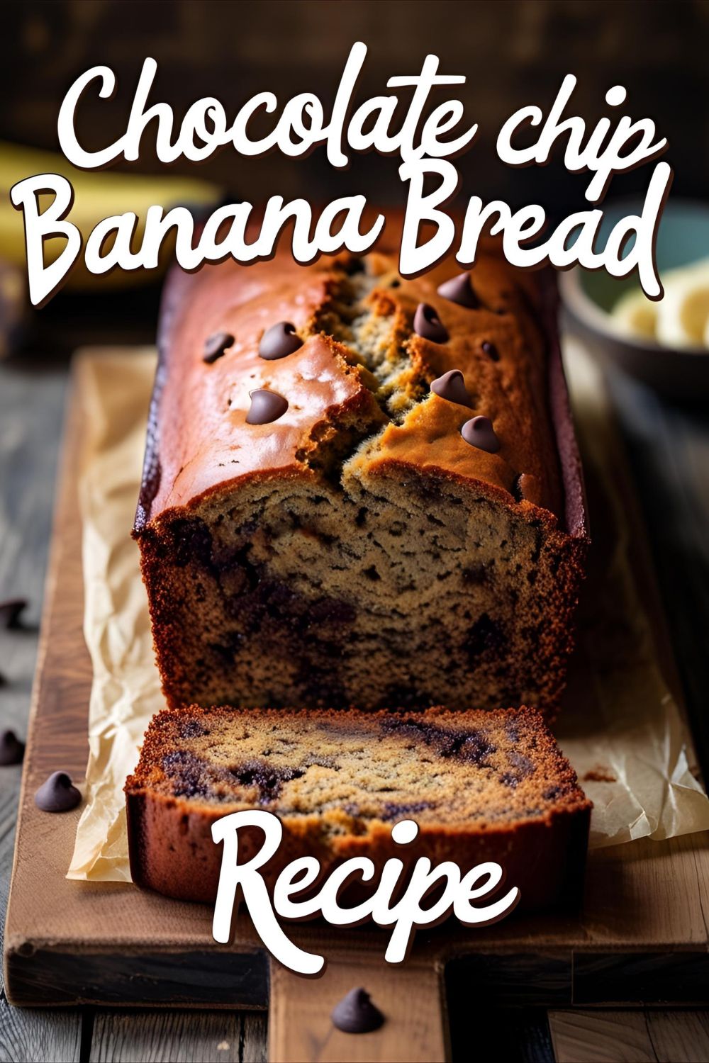 Slice of chocolate chip banana bread with gooey chips on wooden board