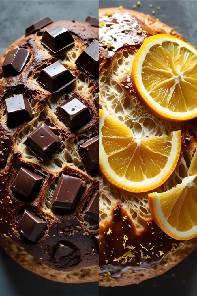  Dark chocolate sourdough loaf sliced, revealing rich crumb and melted chocolate chunks.