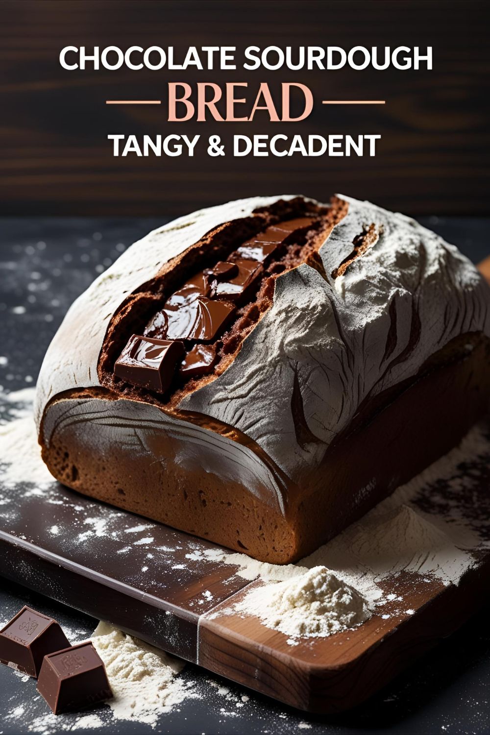 Slice of chocolate sourdough bread showing gooey melted chocolate and dark crumb.
