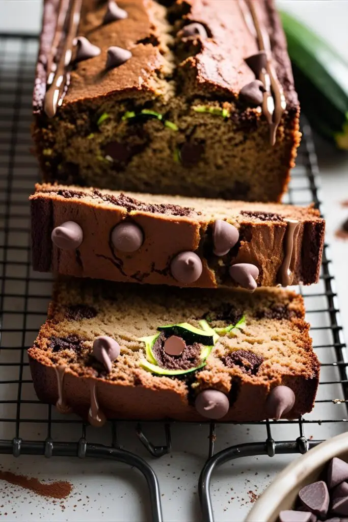 Close-up of chocolate zucchini bread slice with green flecks and chocolate chips