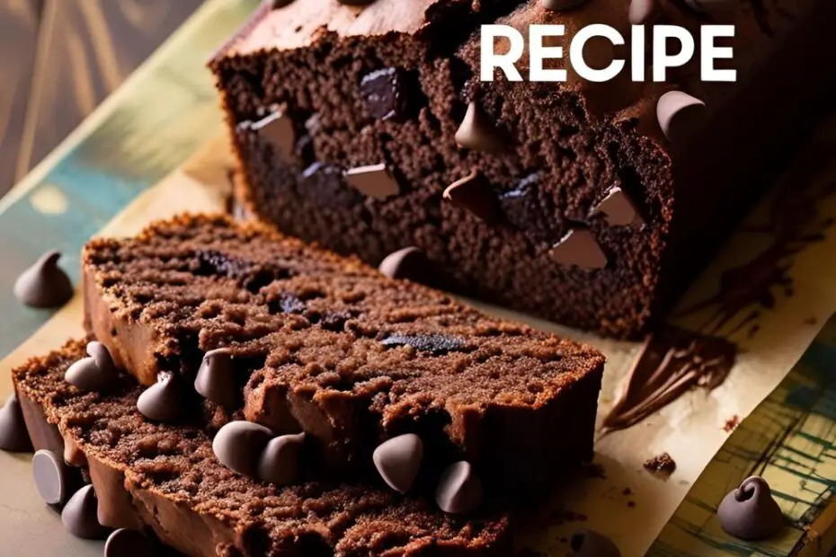 Slice of chocolate zucchini bread showing moist crumb and chocolate chips
