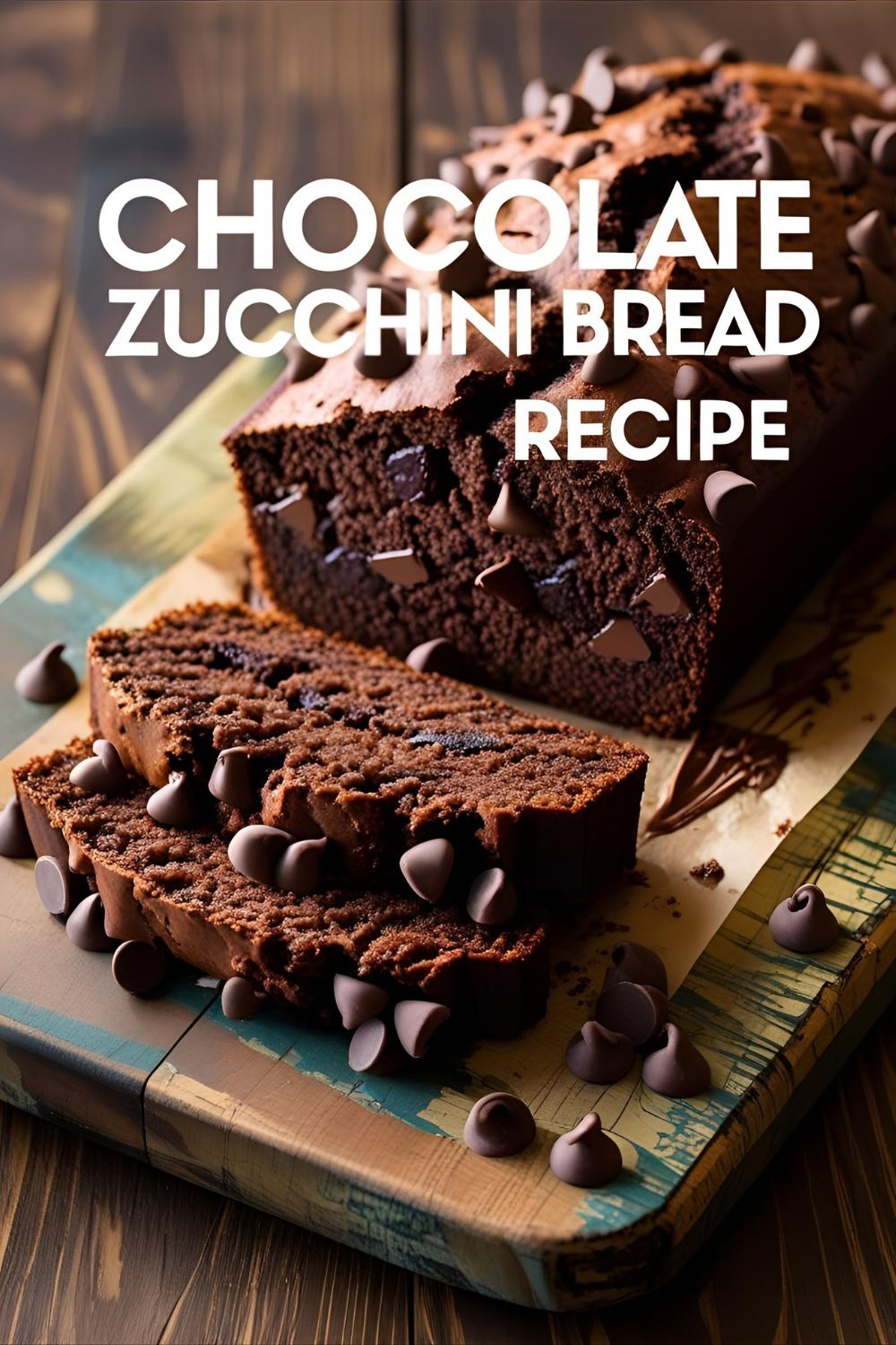 Slice of chocolate zucchini bread showing moist crumb and chocolate chips