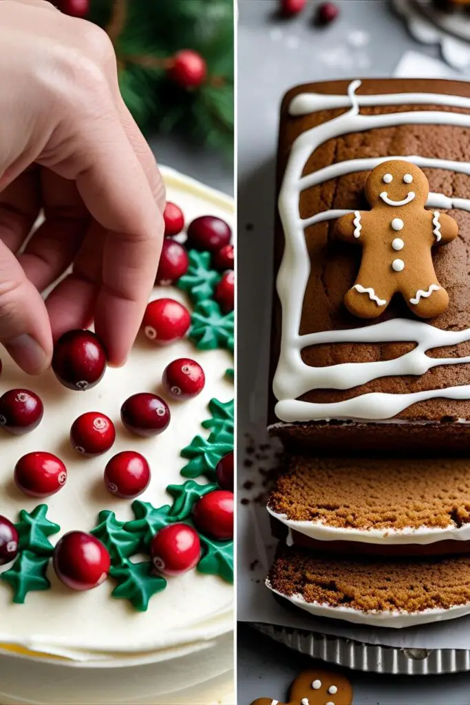 Two images showing the process of decorating a Christmas cake with cranberries and a finished gingerbread loaf with cookie decorations.