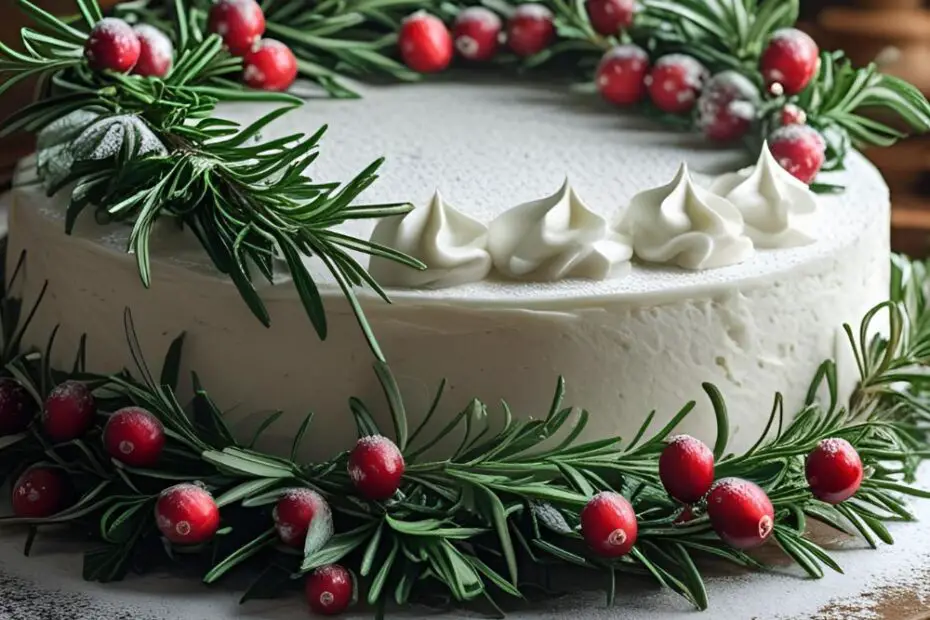 A beautiful rustic Christmas cake decorated with a rosemary and cranberry wreath, with the text overlay "Easy Christmas Cake Decorations".