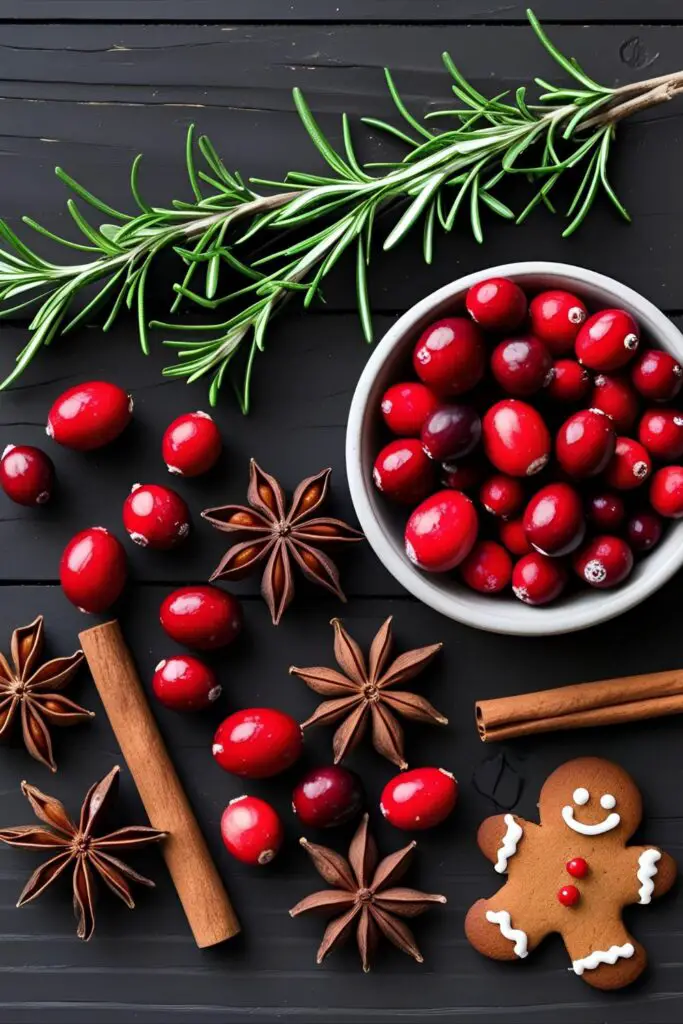 A collage of natural ingredients for Christmas cake decorations, including rosemary, cranberries, and gingerbread cookies.